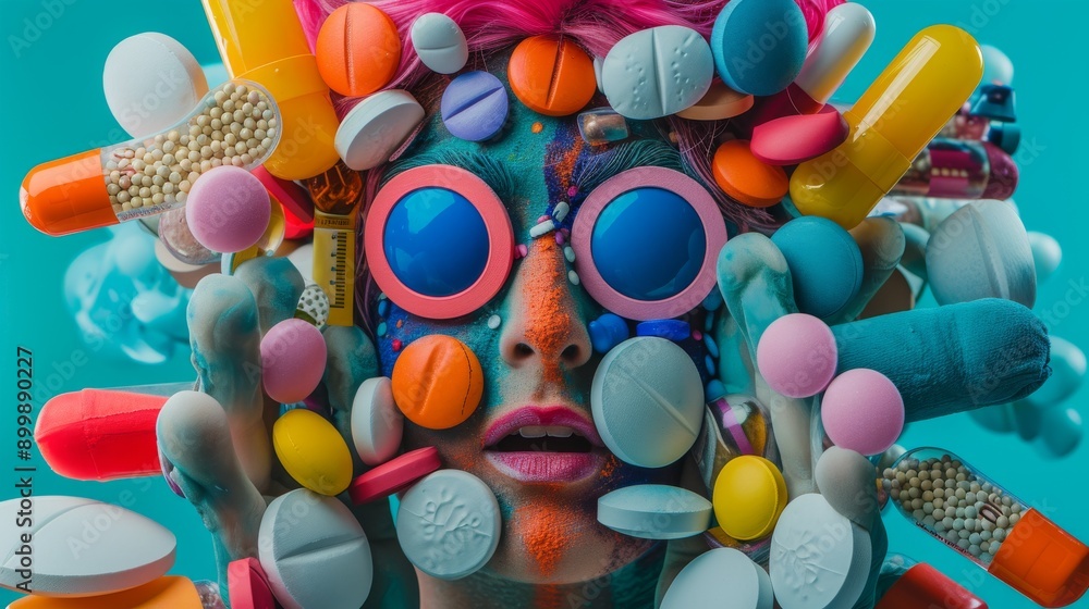 Poster A surreal portrait featuring a person with vibrant makeup and an array of colorful pills adhered to their face. The striking use of color and imaginative composition create a visually captivating and