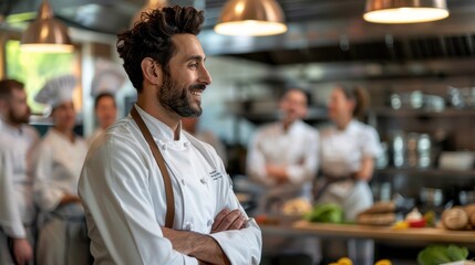 Fototapeta premium Culinary Innovation Unveiled: Chef Revealing New Menu to Restaurant Team in Ethereal Close-Up