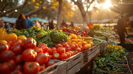 A lively shot of a farmers' market with a focus on a stall selling handmade goods and fresh produce, surrounded by people browsing and buying, with the sun high in the sky.