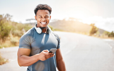 Nature, exercise and man with phone in portrait for fitness app, information and outdoor workout....