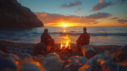 A peaceful shot of a beach bonfire at sunset, friends sitting on driftwood logs, with the firelight dancing on their faces and the waves gently lapping at the shore.