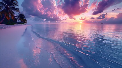 A peaceful tropical beach scene at dusk, with crystal clear water reflecting the pink and purple hues of the sky, white sand, and palm trees swaying gently.