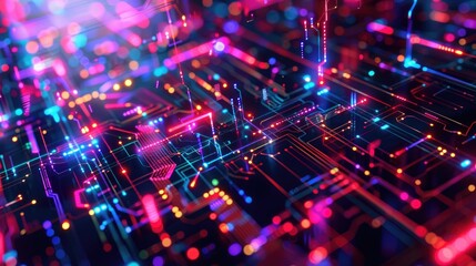 Obraz premium Digital technology abstract composition, webpage layout, colour transition cyberspace, Virtual reality concept, vibrant neon hues, futuristic circuit pattern, dynamic geometric lines AI generated