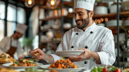 Culinary Innovation: Chef Presenting New Recipes to Restaurant Owners in Vibrant Dining Room Setting with Copy Space