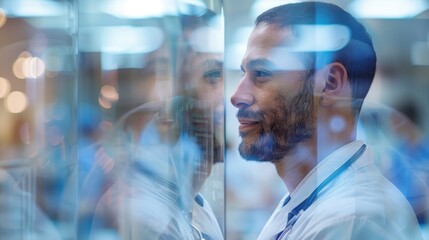 Future of Medicine Unveiled: Doctor Presenting Innovative Treatment Plans in Ethereal Double Exposure Setting with Hospital Conference Room Backdrop