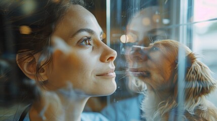 Close-up Profile of Veterinarian Sharing Pet Care Tips with Pet Owners in Dynamic Double Exposure Scene Against Veterinary Office Backdrop