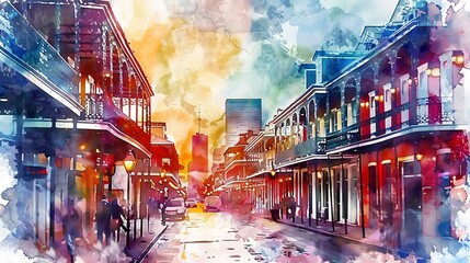 The French Quarter, Historic District, is the oldest section of the City of New Orleans. Watercolor...