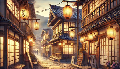 Fototapeta premium A charming street scene featuring traditional lanterns, wooden architecture, and inviting warm lights in an evening setting.