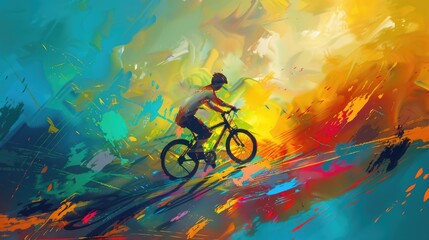 young man riding a bicycle with a colorful energy, digital art style, illustration painting AI generated