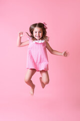 Close-up portrait of her she nice-looking attractive lovely sweet curious cheerful cheery smart clever girl creating new idea solution fantasize copy space isolated pink pastel color background