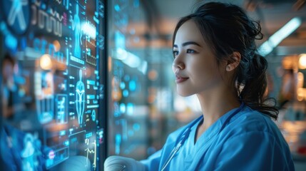 Obraz premium Digital Nurse: Futuristic Care Plan Presentation in Hospital Room (Copy Space, Profile View, Blend Mode)