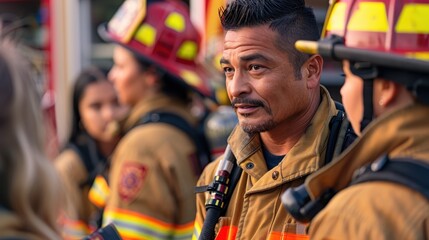 Intense Training Session: Firefighter Demonstrating Rescue Techniques to Recruits in Front of Fire Station Background