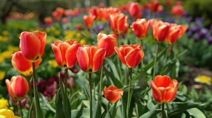 Obraz premium Red tulips with fully bloomed yellow white and purple centers