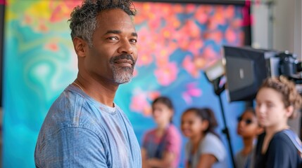 Mastering Composition Techniques: Photographer Teaching Students with Selective Focus in Vibrant Fusion against Photo Studio Backdrop