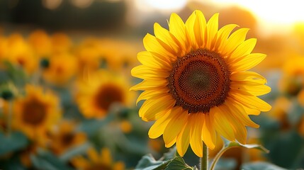 Obraz premium A stunning close-up of a sunflower in full bloom, with the rest of the sunflower field and a clear blue sky in the background, highlighting the intricate details of the petals and center.