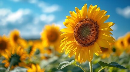 Fototapeta premium A stunning close-up of a sunflower in full bloom, with the rest of the sunflower field and a clear blue sky in the background, highlighting the intricate details of the petals and center.