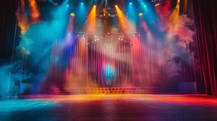 Fototapeta premium Create a realistic photo of a theater stage with a spotlight illuminating the stage and a bright, colorful backdrop decoration.