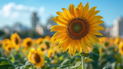 Fototapeta premium A stunning close-up of a sunflower in full bloom, with the rest of the sunflower field and a clear blue sky in the background, highlighting the intricate details of the petals and center.
