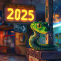 The funny snake is waiting at the bus station with on-screen is number 2025 for New Year