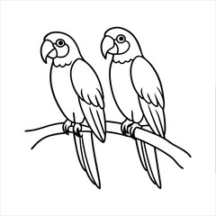 Sepasang burung beo duduk berdampingan di atas dahan pohon tropis line art vector\