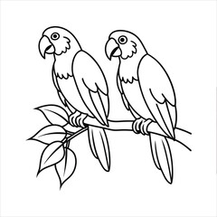 Sepasang burung beo duduk berdampingan di atas dahan pohon tropis line art vector\