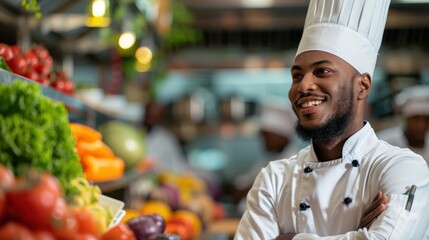 Culinary Science Presentation: Chef Demonstrating Fusion Techniques to Students in Culinary School (Copy Space, Vibrant Backdrop)