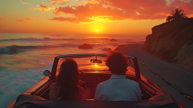 A vibrant shot of friends in a convertible, driving along a coastal highway at sunset, the sky ablaze with colors, and the ocean waves crashing below.