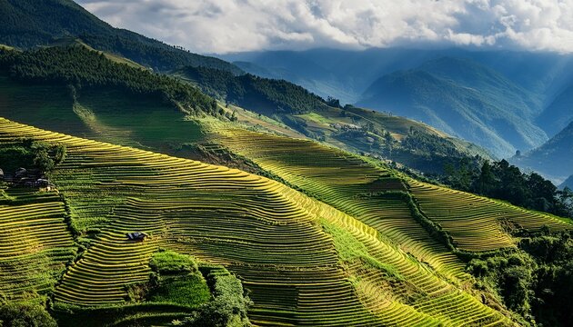Terrazas de arroz en forma de escalones, creando patrones geom&eacute;tricos en las ladera