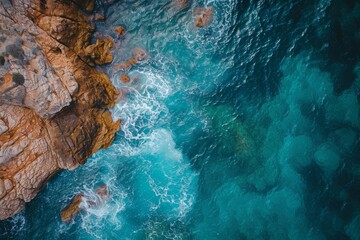 Aerial View of Body of Water Adjacent to Rocky Cliff, Overhead shot of an inviting sea caressing a rocky coast, AI Generated