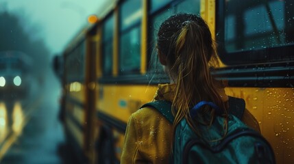 Student Waiting for School Bus in Rainy Weather at Dusk. Generative AI