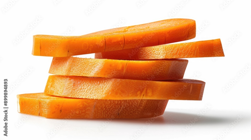 Poster close up of two fresh orange carrots sliced and stacked on a white background isolated with clipping