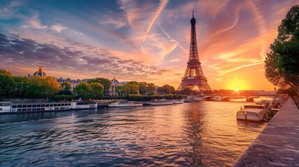 Obraz premium Scenic view of Eiffel Tower over Seine River during dramatic sunset, Paris, France