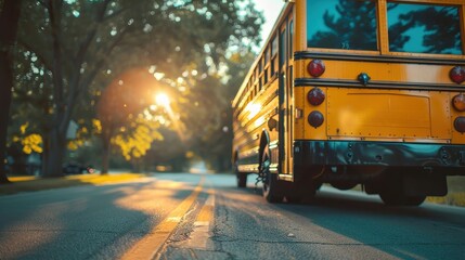 Obraz premium Bright Sunset Behind Yellow School Bus on Quiet Street. Generative AI