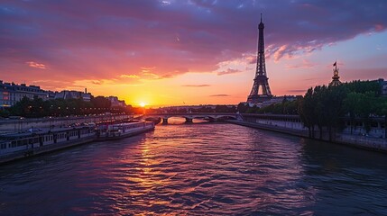 Obraz premium Scenic view of Eiffel Tower over Seine River during dramatic sunset, Paris, France