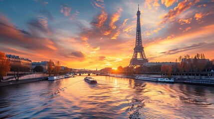 Obraz premium Scenic view of Eiffel Tower over Seine River during dramatic sunset, Paris, France