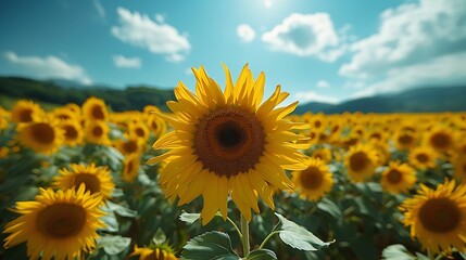 Obraz premium An expansive sunflower field in full bloom, with a clear blue sky overhead and the golden sunflowers swaying gently in the breeze.