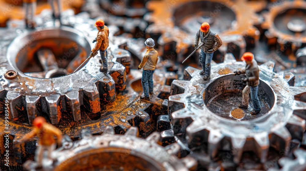 Poster miniature workers engaged in assembling intricate gears, showcasing precision and teamwork in a mech