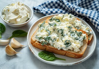 delicious-looking plate of cream cheese and spinach sandwich on white bread