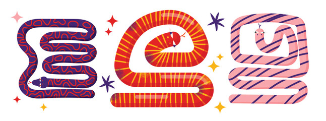Snakes set. Chinese 2025 New Year symbol, happy animal character mascot. Lunar new year concept. Chinese zodiac snake in geometric flat modern style vector illustration isolated on white background