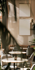 Create a high-quality image of a cozy and rustic caf&eacute; interior featuring an empty poster mockup for copy space.