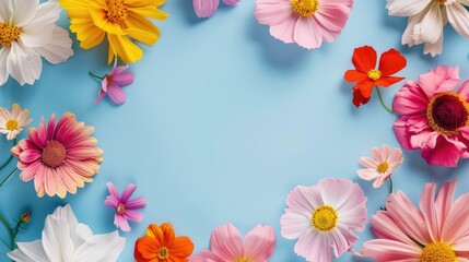 Colorful spring flower pattern with space for text Minimalist flat lay style