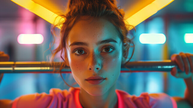 young woman practicing gymnastics on parallel bars, focused expression, wearing pink sportswear, vibrant indoor training environment