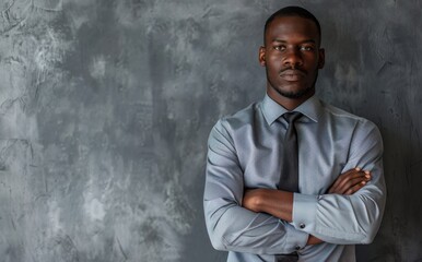 confident African American businessman standing with his arms crossed, wearing formal attire and tie