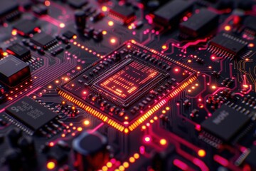 Fototapeta premium A close-up of a circuit board with glowing lights. AI.