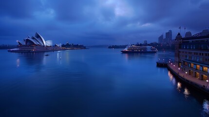 Naklejka premium Cityscape of Sysney harbour and bridge with morning sunrise moment and boat in the sea, New south wales, Australia, this immage can use for travel, trorist and Sysney concept