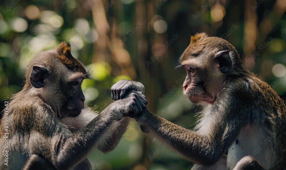Poster two monkeys face each other, one with its hands up as if in a gesture of peace. ai.