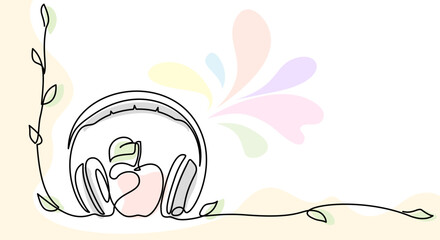 Headphones with apple and plants. Continuous one line drawing