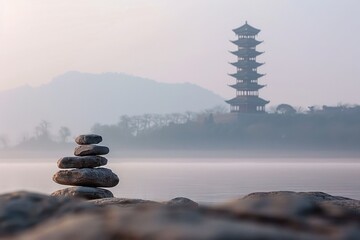 Serene Stone Stack with Pagoda in Misty Background - Peaceful image of stacked stones by a tranquil lake with a pagoda in the misty background, capturing calmness and balance.