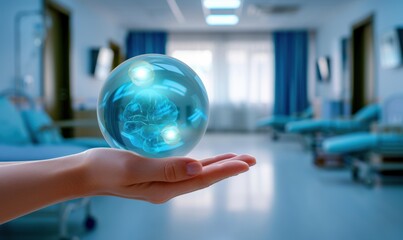 A hand holding a blue sphere with a brain inside. AI.