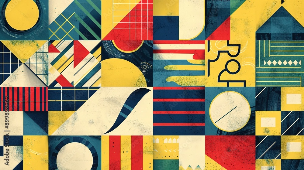 Poster retro geometric pattern background, vector abstract circle, triangle and square lines art. yellow, b